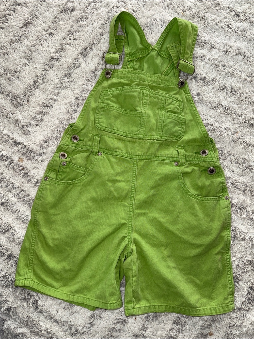 Size 8 1980s vintage Alley Cat Bright Lime Green Denim Short girls Overalls